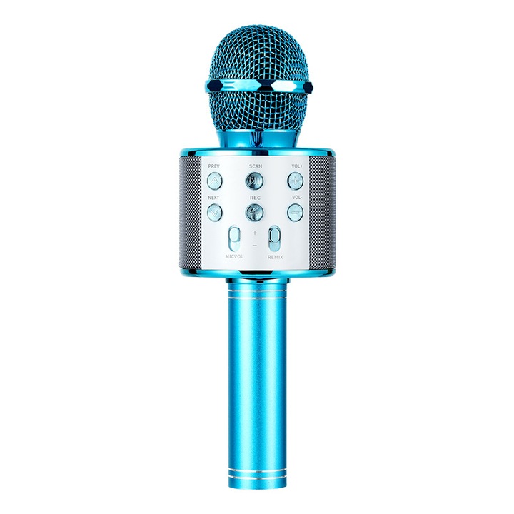 Microfon karaoke portabil cu difuzor integrat, 3 filtre anti-zgomot, albastru
