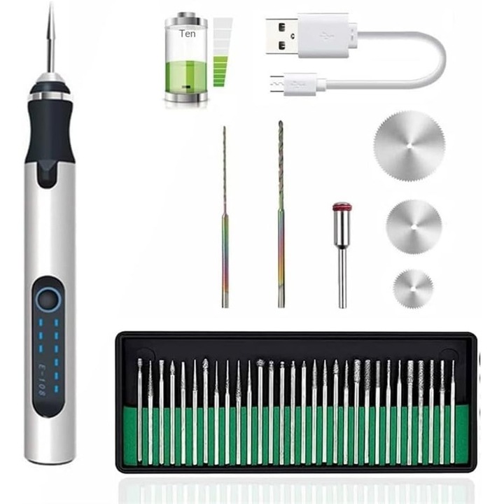 Penita electrica de gravare, 37 biti, USB reincarcabila, portabila, pentru gravare bijuterii, lemn, sticla, piatra, argint