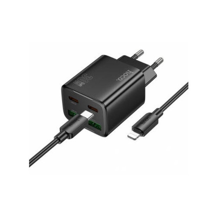 Hoco Hálózati Töltő Lightning Kábellel N56 30W 3A 2 x USB-A - 2 x USB-C Fekete
