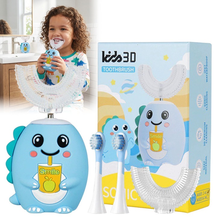 Gyermek fogkefe szett, elektromos tisztítás, kíméletes az ínyhez, 2 fogkefe fejet és 2 U-alakú fogkefe fejet tartalmaz, 2-6 éves gyermekek számára alkalmas