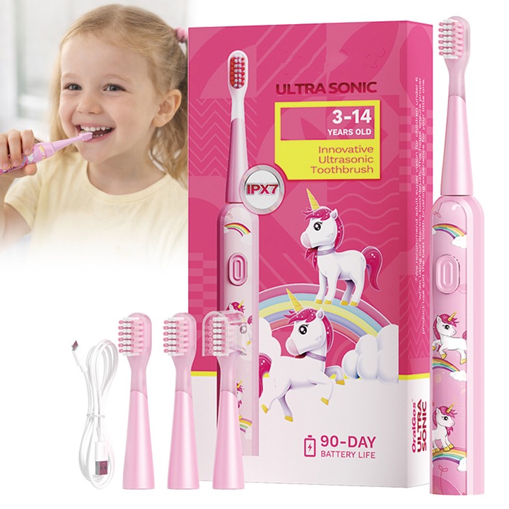 Set de periute de dinti pentru copii, curatare electrica, delicata cu gingiile, vine cu 4 capete de periuta de dinti, potrivita pentru copii cu varsta cuprinsa intre 3 si 14 ani