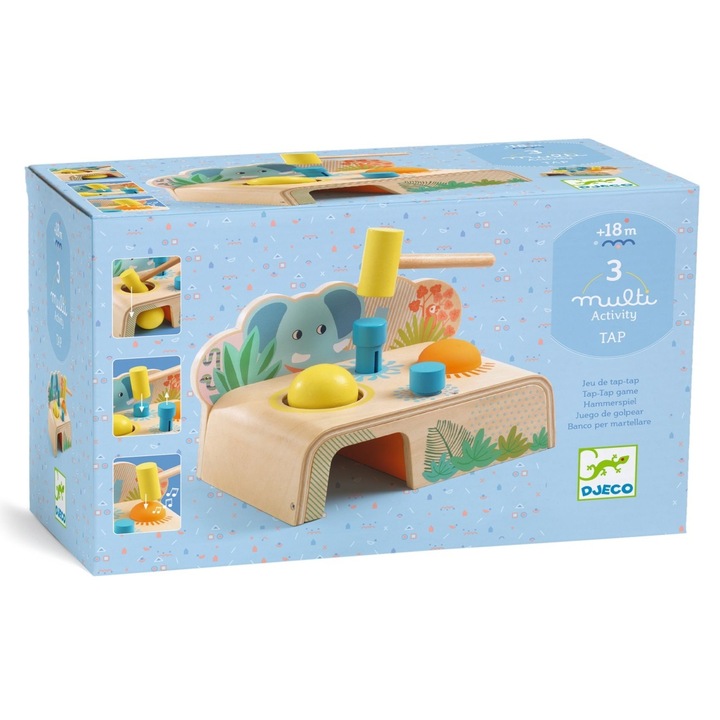 Jucărie interactivă bebeluși din lemn Multi Tap, Djeco, set cu 4 piese, dimensiuni 22x13.5x13cm, colorat
