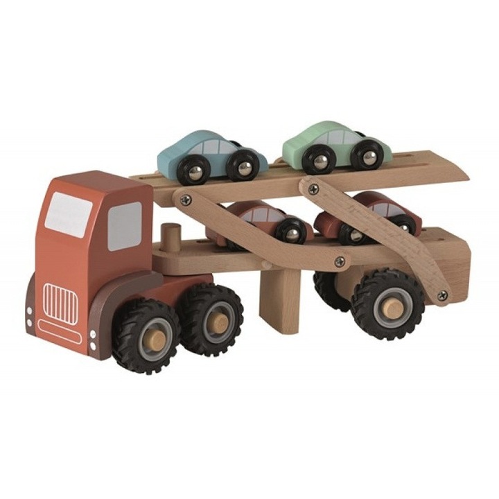 Camion cu mașini, Egmont Toys, set cu 4 mașinuțe, lemn, culori pastel, 18 luni+