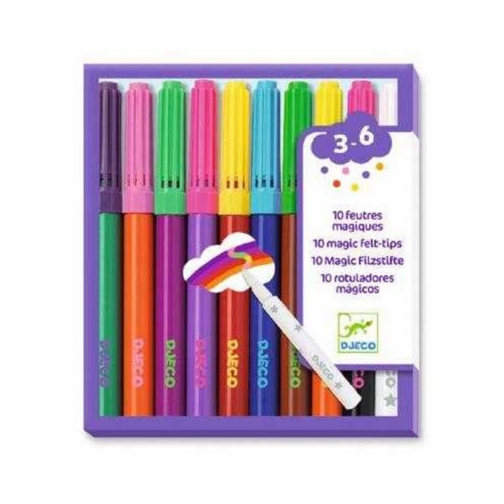 Set carioci magice, Djeco, 10 carioci lavabile, culori schimbătoare, 3-6 ani