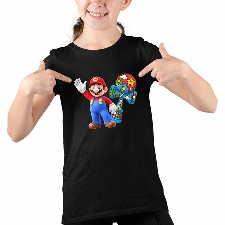 Tricou Copii Fete Kendama Super Mario Bros Galaxy, Fekete