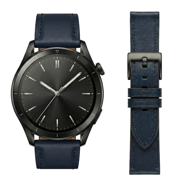 Каишка от естествена кожа, съвместима с Huawei Watch GT2 GT3 GT4 GT5 GT6 Pro 46 мм 48 мм, Garmin Venu 2 3 4 45 мм, Redmi Watch 5 Lite / Active, Samsung Galaxy Watch 46 мм, 3 45 мм, Gear S3, Amazfit GTR GTR2, Xiaomi Mi Watch, 22 мм, Тъмносин