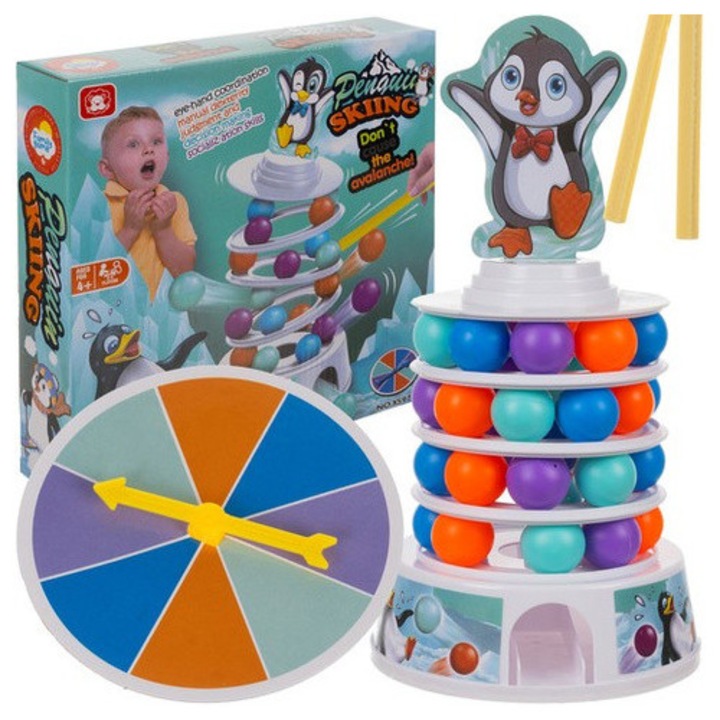 Joc arcade Pinguin pe turn, Kruzzel, set cu 36 bile multicolore, 29 x 15,5 cm, plastic