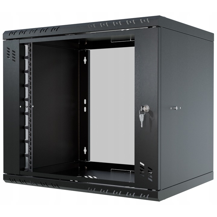 Dulap rack pentru servere montat pe perete, 19" 9U, cu usa din sticla Stalflex 400mm x 520mm x 463mm, negru