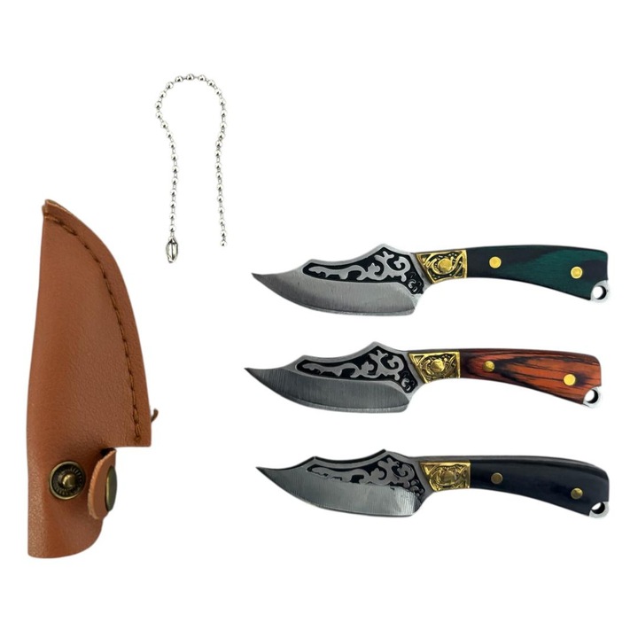 Set 3 bucati mini cutit AVI®, cu teaca, lama 4.3 cm, lungime totala 9 cm, 20 g/buc, cu lantisor pentru breloc, AVI-5109