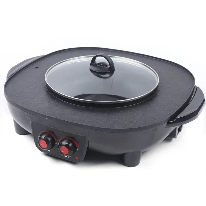 2 az 1-ben Hotpot és Grill, Elektromos asztali grill hotpottal, Tapadásmentes felületek, Koreai beltéri BBQ, Fondue/Raclette, Több mint 5 személy részére, Fekete