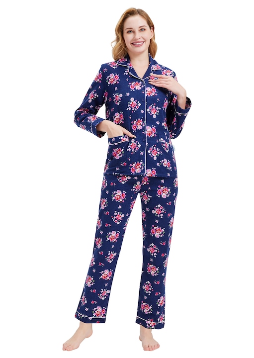 Set Pijama Dama Finet Global, Bumbac, Model FLORAL ALB, Culoare Albastru Azur, Albastru inchis/Rosu