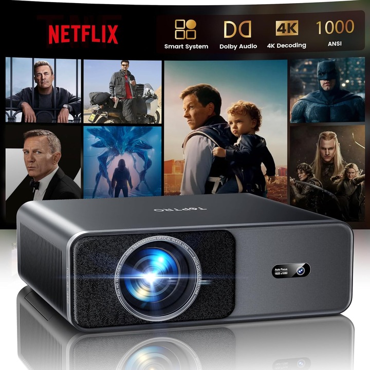 Videoproiector Smart TOPTRO A1, 1000 ANSI lumeni, Compatibil Netflix, 4K Suportat, WiFi 6, Bluetooth, Autofocus AI, Corectie Trapez, Dolby Audio 20W, Aplicatii Integrate, Portabil pentru Exterior
