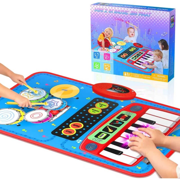 Covoraș muzical interactiv, Oricean, 4 instrumente, 8 clape, 70x45cm, albastru