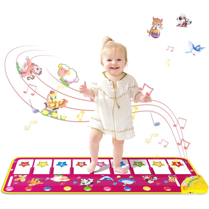Covoraș muzical interactiv, 8 clape de pian, 8 sunete de animale, 100x36cm, multicolor