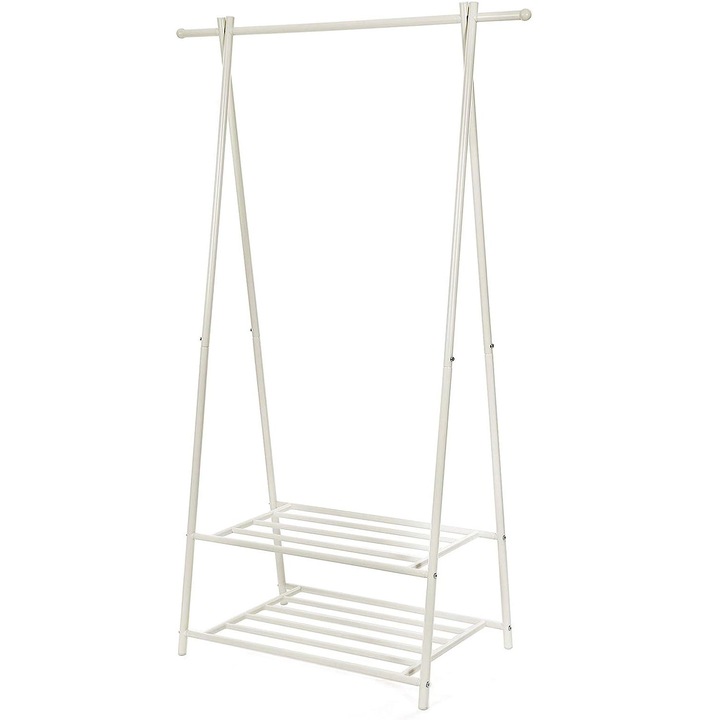 Suport pentru haine, cu raft depozitare pe 2 niveluri, cadru metalic, 88x41x155cm, alb