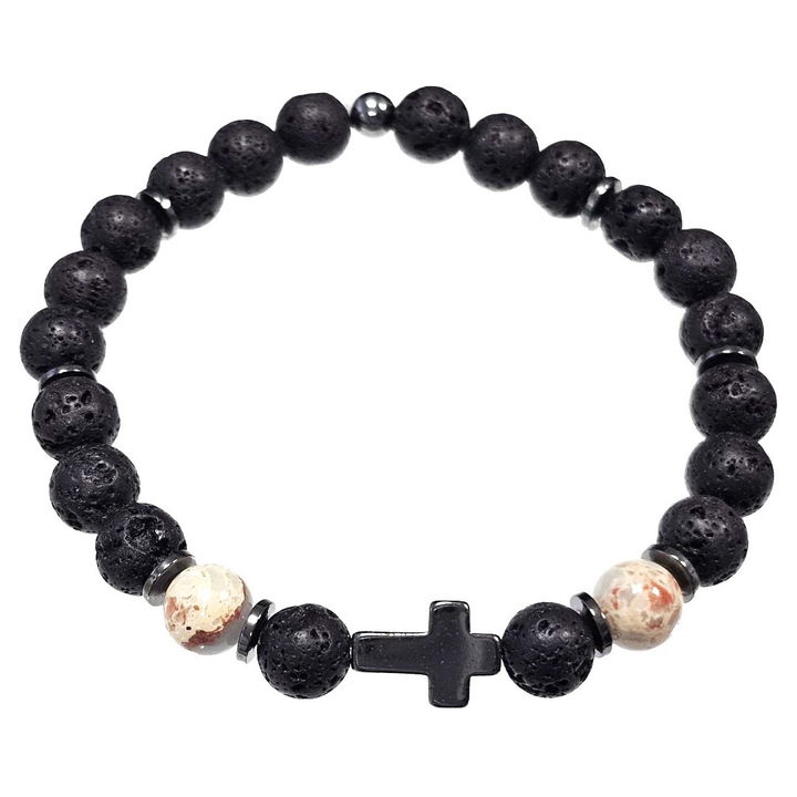 Bratara barbati, Karma, model 2511-246, margele din piatra de lava, neagra
