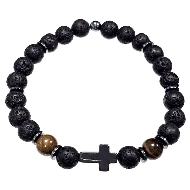 Bratara barbati, Karma, model 2511-247, margele din piatra de lava, neagra