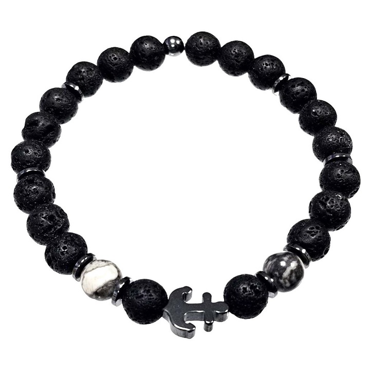 Bratara barbati, Karma, model 2511-294, margele din piatra de lava, neagra