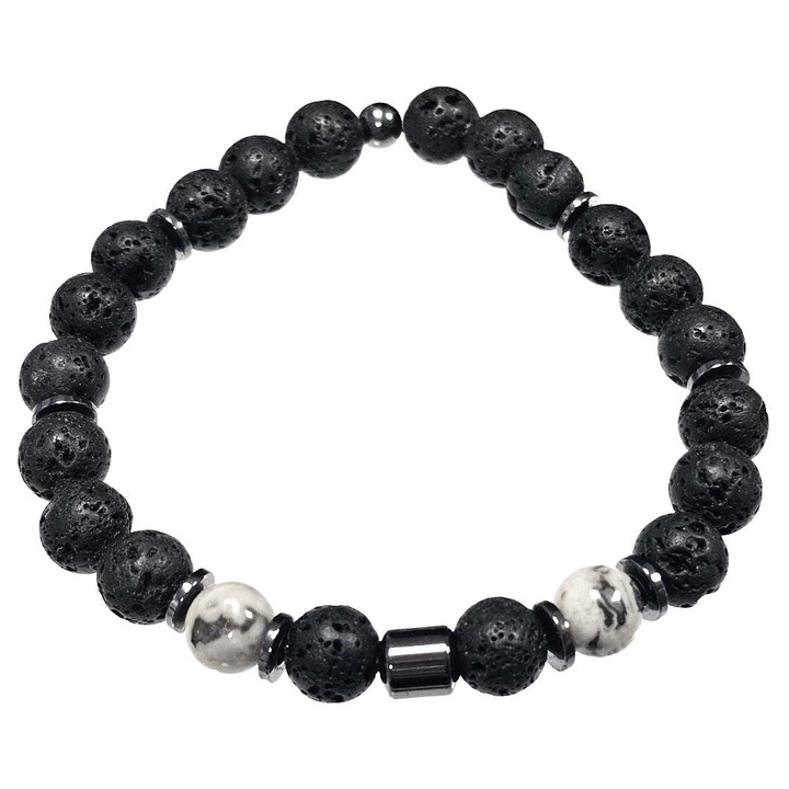 Bratara barbati Karma Fashion 2511-304, margele din piatra de lava, neagra