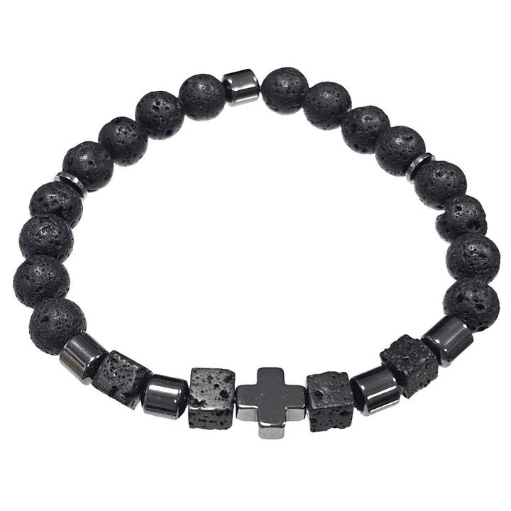 Bratara barbati, Karma, model 2511-384, margele din piatra de lava, neagra