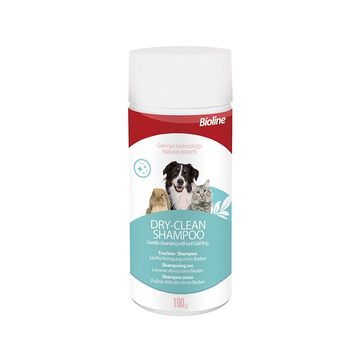Şampon uscat pentru câini şi pisici, Bioline, 100g, absoarbe sebumul, ideal pentru animalele sensibile
