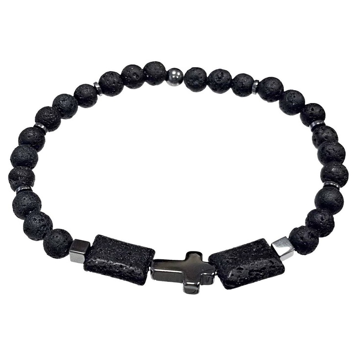 Bratara barbati, Karma, model 2511-402, margele din piatra de lava, neagra