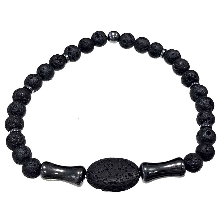 Bratara barbati Karma Fashion 2511-400, margele din piatra de lava, neagra