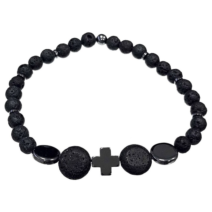 Bratara barbati Karma Fashion 2511-395, margele din piatra de lava, neagra