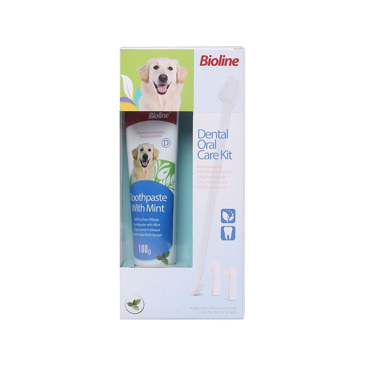 Kit Dentar, Bioline, Pasta de Dinti, cu Aroma de Menta si Periuta pentru Caini, 100g