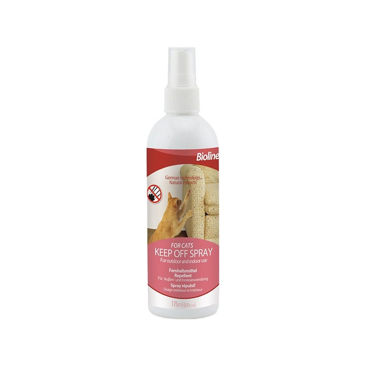 Spray repelent Keep Off, Bioline, cu ulei esential de eucalipt si lamaie, nu lasa urme sau pete, pentru pisici, 175 ml
