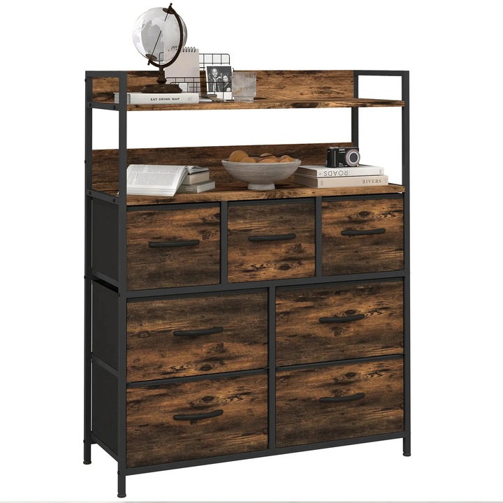 Textil komód, 7 fiók, 2 polc, ipari stílusú, csokoládébarna, 79x29x101cm