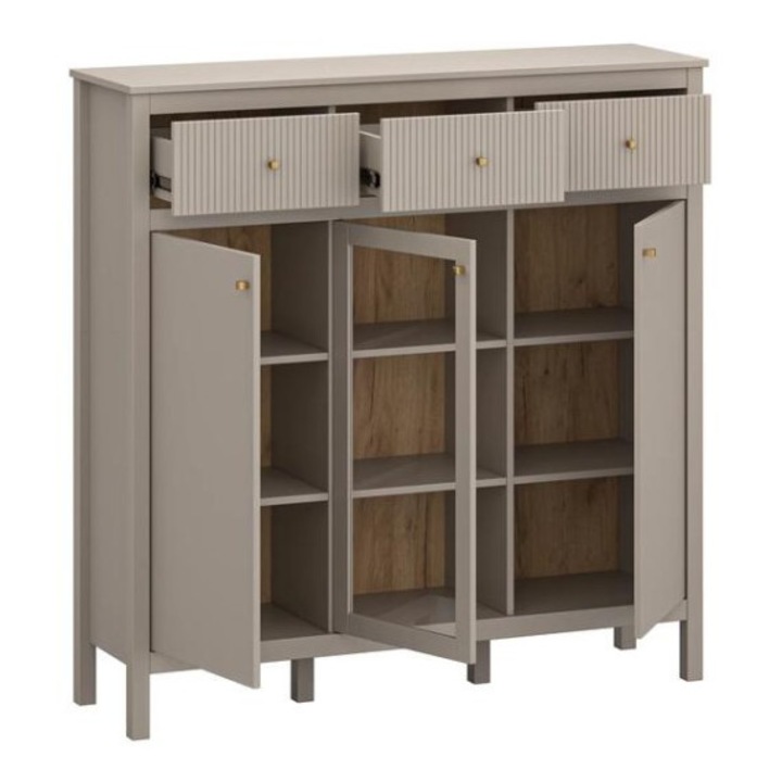 Comoda Living Kleo, gri argila, 3 usi, 3 sertare, 133x134x37cm, set
