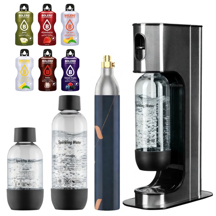 Saturator apa carbogazoasa 6 pliculete + 1 CO2 + 2 sticle de 1L + STICLA de 0,5L