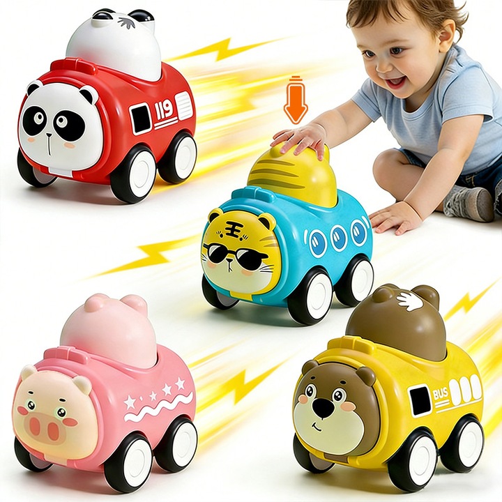 4 darabos gyerekautó szett, DONFANLIA®, Imádnivaló állatok, Nyomógombos működtetés, ABS, Robusztus, Könnyű és tartós, Lekerekített élekkel, Kisgyermekeknek és csecsemőknek is alkalmas, Többszínű