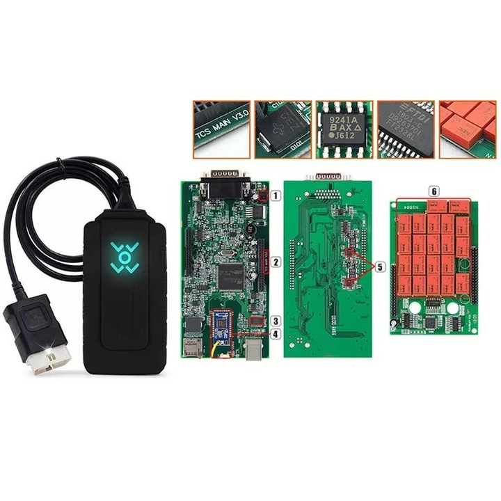Autódiagnosztikai műszer V3.0, dupla PCB, 9241A chip, NAIS kék relé, fekete