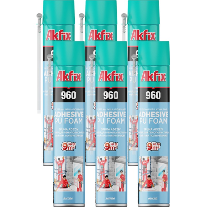 Set 6 buc spumă adezivă Akfix pentru polistiren EPS/XPS, 750 ml, aplicare cu pai