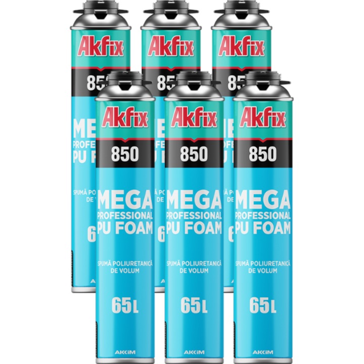 Set 6 buc Spumă poliuretanică de montaj Akfix 850 ml, aplicare cu pistol, randament 65 L