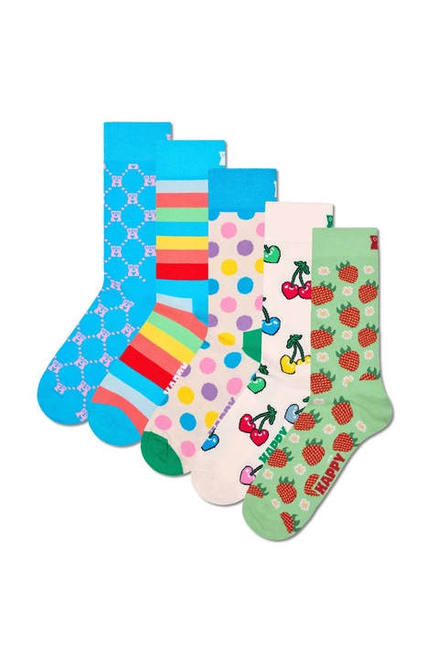 Happy Socks, Set de sosete lungi unisex cu model - 5 perechi, Rosu/Verde pal/Albastru glaciar