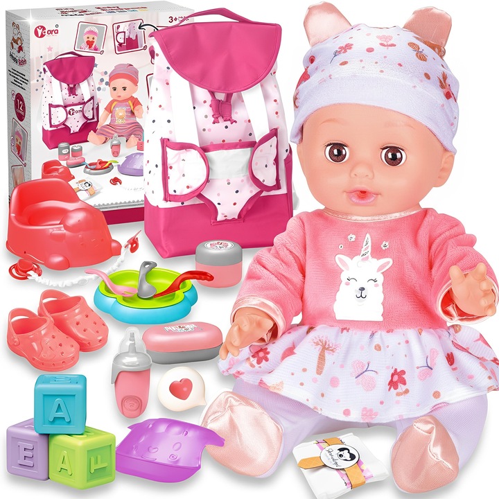 Set Papusa Bebelus, BYONDSELF, 18 Accesorii, cu Rucsac, Pantofi, Biberon, Suzeta, Cuburi, Aspect Realist, Hainute Detasabile, 0-3 Ani