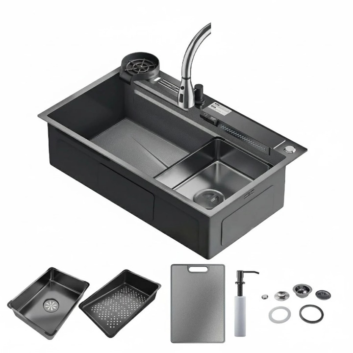 Chiuveta de bucatarie cu o cuva, inox, afisaj digital, negru