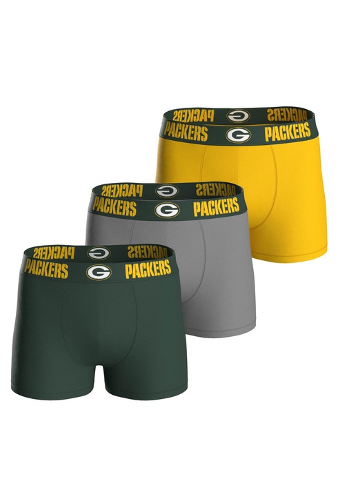 NFL, Set de boxeri cu banda logo in talie - 3 perechi, Verde/Gri/Galben