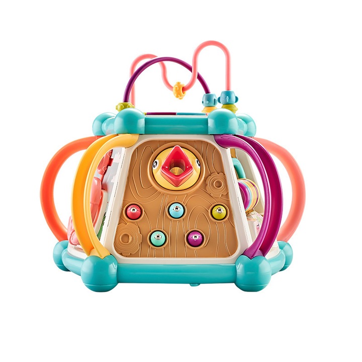 Cub educativ pentru bebelusi, 0-3 ani, Centru de joaca senzorial multicolor cu labirint de margele si sortator de forme, Jucarie educationala de invatare pentru sugari si copii mici, 30×30×28 cm