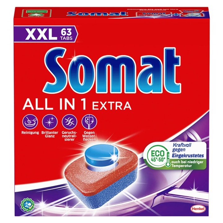 Detergent Somat All in 1 Extra – Pastile pentru Masina de Spalat Vase, Curatare Completa, Luciu Vizibil si Functie Sare, pachet XXL 63 tablete