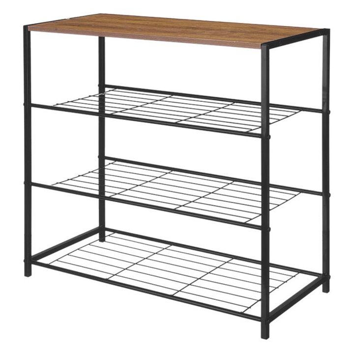 Raft pantofi Giftdecor, 4 polite, metal si lemn, 62, 5 x 30 x 63, 5 cm, negru