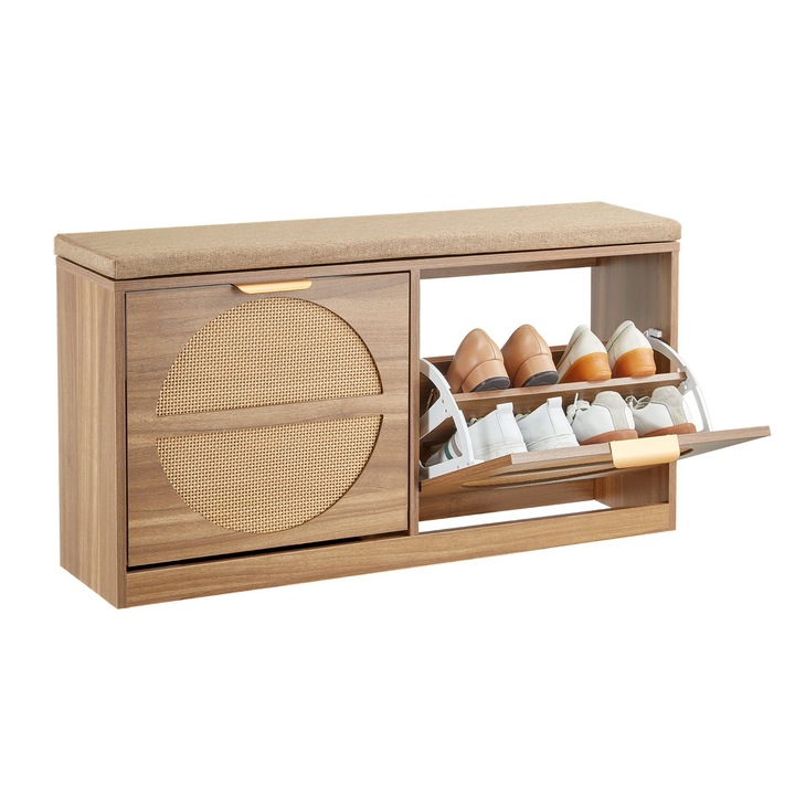 Dulap pantofi cu bancă, design rabatabil, 4 compartimente, ratan, 98.8x24x50cm, maro deschis