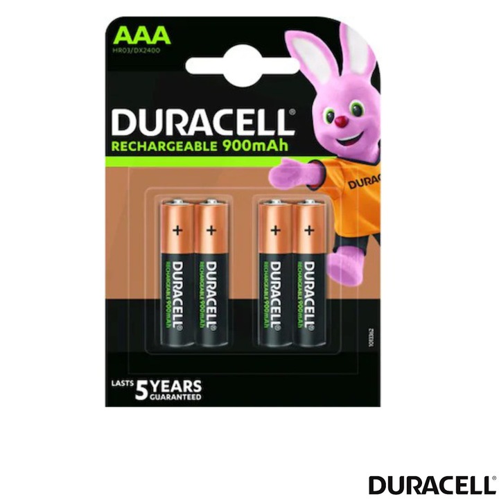 Set 4 Baterii Acumulatori Duracell AAA, Reincarcabile, Pre-incarcate, 900 mAh, pentru Dispozitive Electronice de Uz Zilnic, Gata de Utilizare