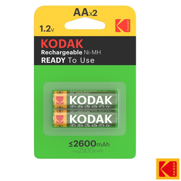 Set 2 Baterii Acumulatori Kodak AA Reincarcabile, 2600 mAh, Ready To Use, Pentru Dispozitive High-Drain, Gata incarcate