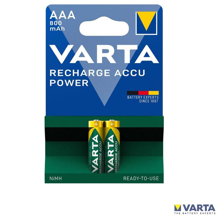 Set 2 Baterii Acumulatori Varta AAA Reincarcabile, 800 mAh, Cu Tehnologie Ready to Use, Pentru Dispozitive Casnice si Electronice Personale, Cu Auto-descarcare Foarte Redusa