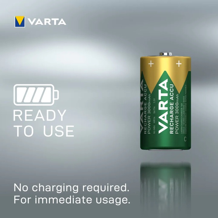 Set 2 Baterii Acumulatori Varta R14/C Reincarcabile, 3000 mAh, Cu Auto ...