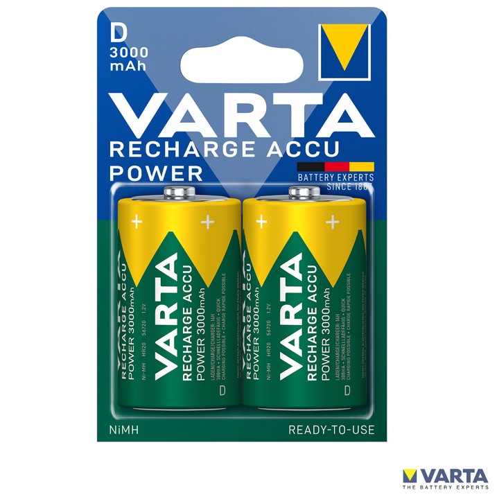 Set 2 Baterii Acumulatori Varta R20/D Reincarcabile, 3000 mAh, Cu Tehnologie Ready to Use, Pentru Lanterne, Jucarii si Dispozitive High-Drain, Cu Auto-descarcare Foarte Redusa